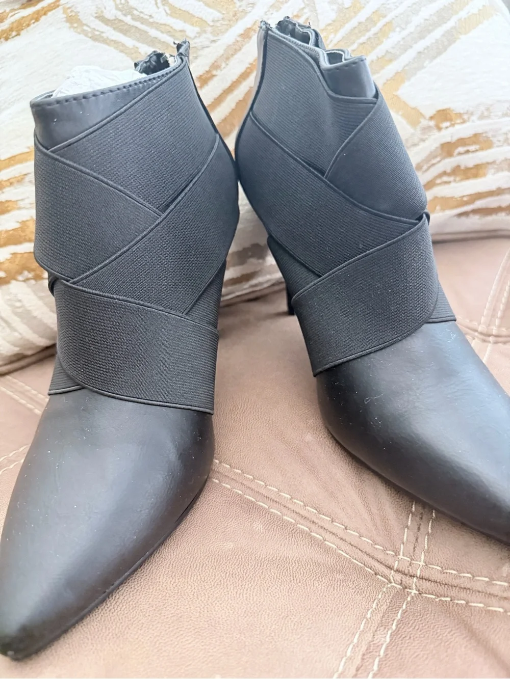 Women's Black Pointed Ankle Booties with Wrap Elastic Detail